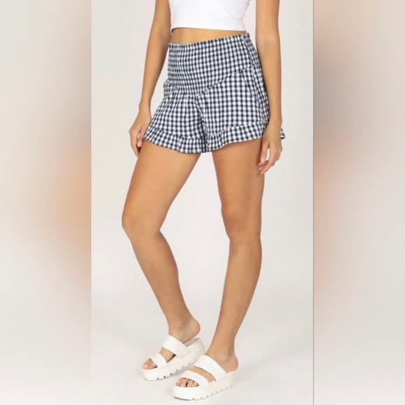 Sincerely Jules Smocked HighWaist Ruffle Hem BlueWhite Plaid Shorts Medium - Picture 1 of 6
